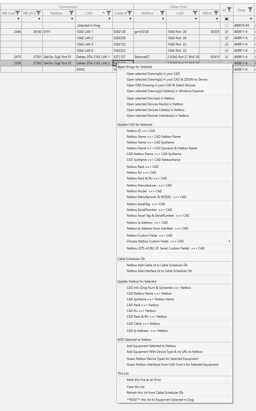 CAD to Netbox AutoCAD plugin screenshot of the context menu for CAD to Netbox with some details for Interfaces and cables